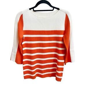 Bogner Womens Sz 4 Knit Top Striped 3/4 Slv Cotton Silk Back Zipper Orange Cream